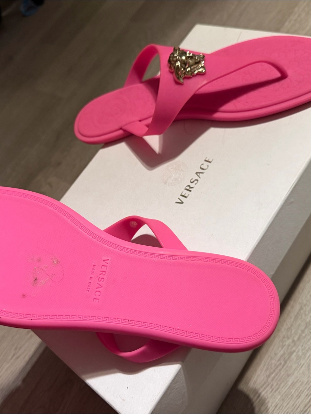 Versace Neon Pink Medusa Rubber Thong Sandals